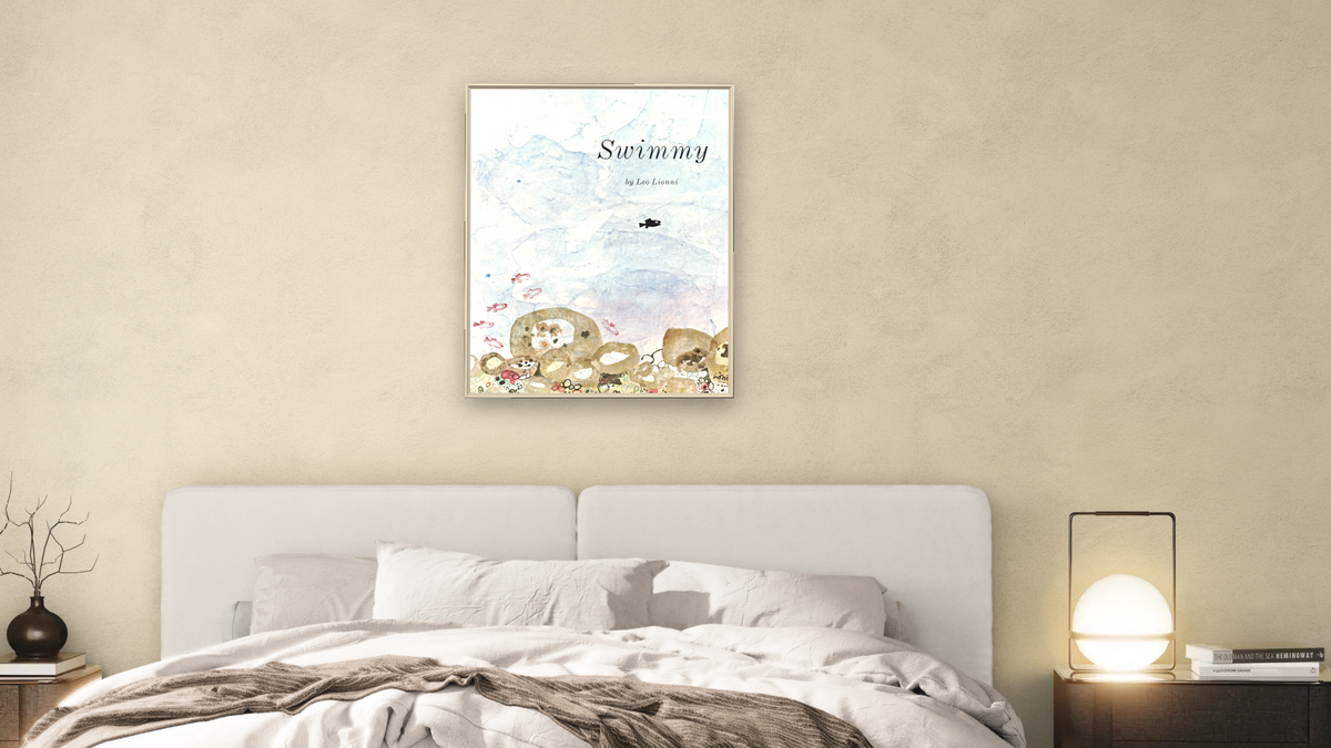 Swimmy by Leo Lionni, shown at 32 × 40 in (81.3 × 101.6 cm) on canvas in Ramino Opaque White, bedroom