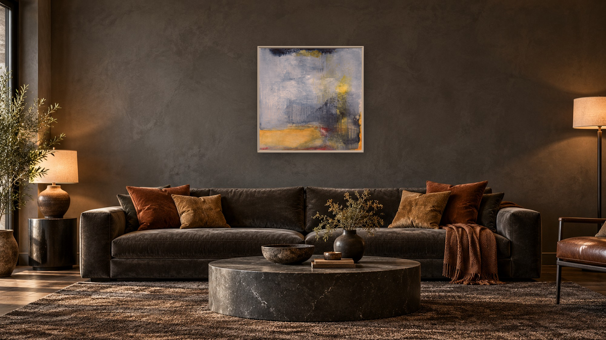 No. 355 by Michelle Oppenheimer, shown at 32 × 32 in (81.3 × 81.3 cm) on canvas in Ramino Opaque White, den