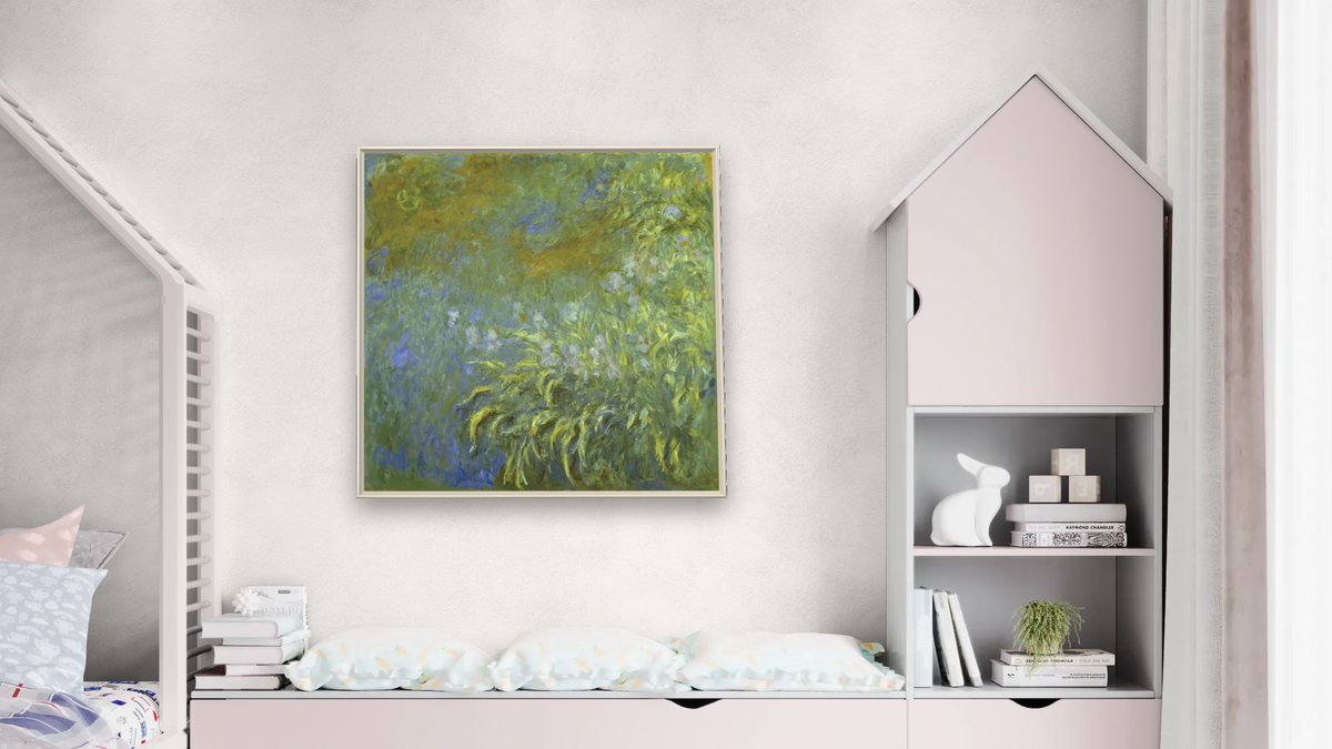 Iris by Claude Monet, shown at 32 × 32 in (81.3 × 81.3 cm) on canvas in Ramino Opaque White, bedroom