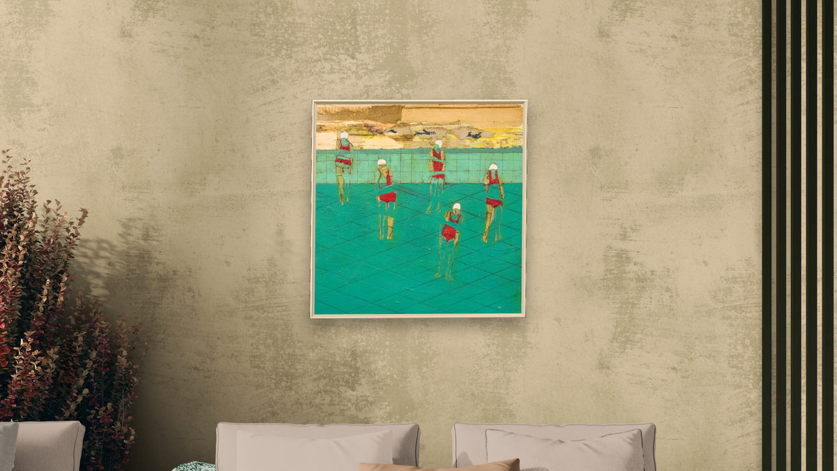 Think I'm Disappearing by Dobee Snowber, shown at 32 × 32 in (81.3 × 81.3 cm) on canvas in Ramino Opaque White, living