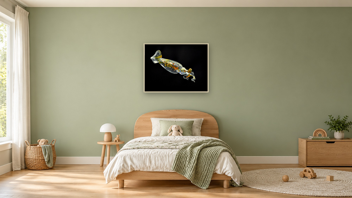 Squid by Alexis Rockman, shown at 30 × 40 in (76.2 × 101.6 cm) on canvas in Ramino Opaque White, kids' room