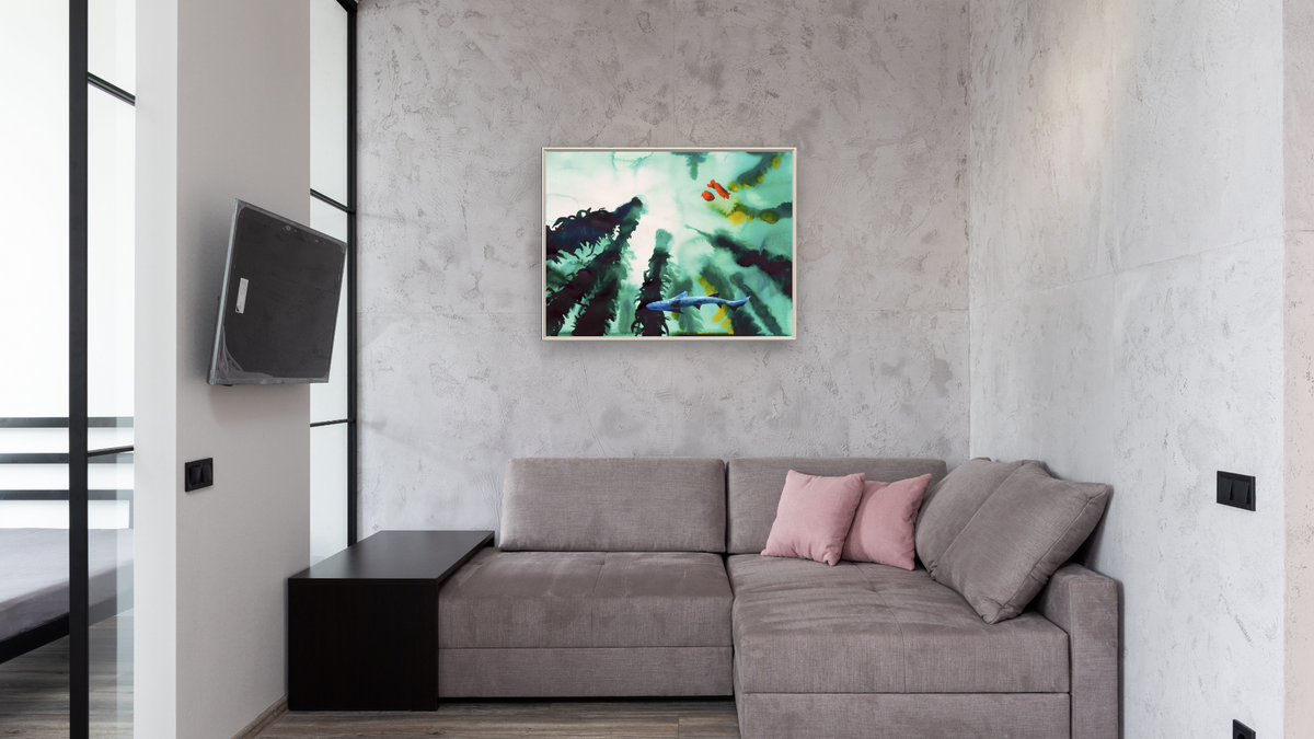 Kelp Forest by Alexis Rockman, shown at 30 × 40 in (76.2 × 101.6 cm) on canvas in Ramino Opaque White, media room