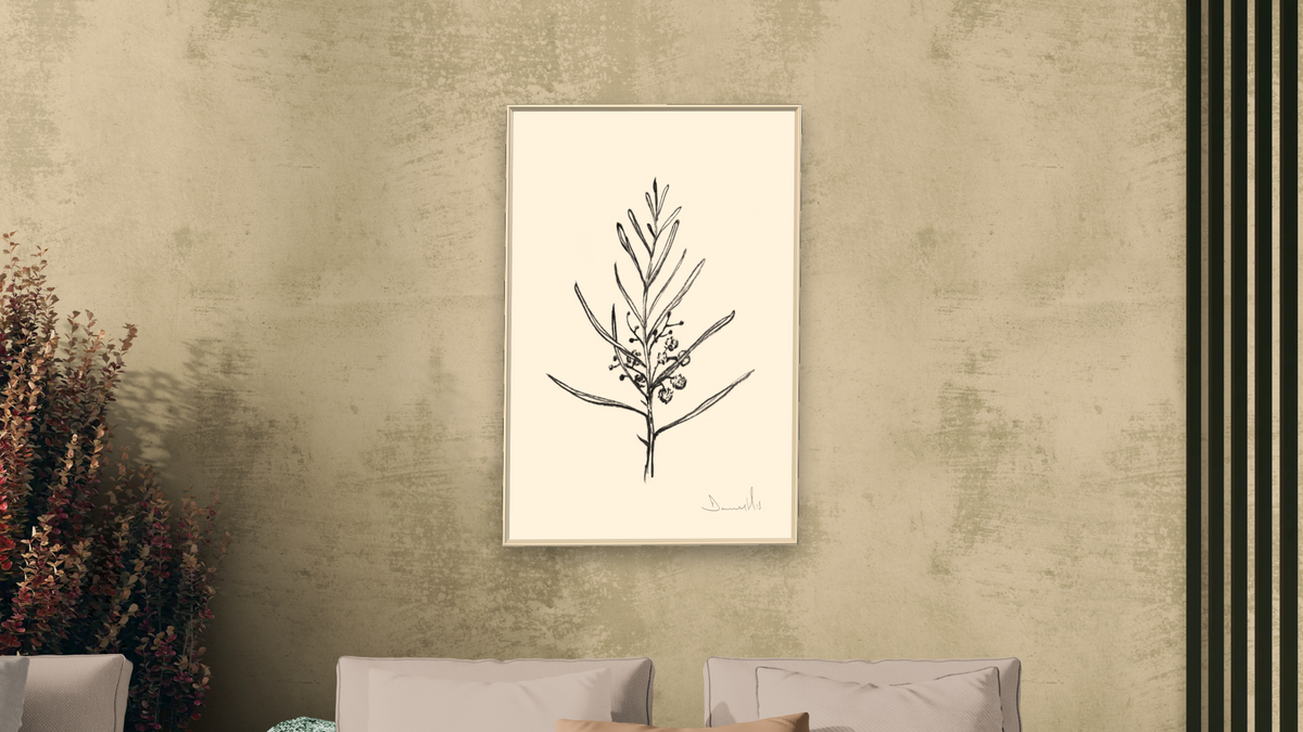 Blackwood Sapling by Dan Hobday, shown at 28 × 42 in (71.1 × 106.7 cm) on canvas in Ramino Opaque White, living