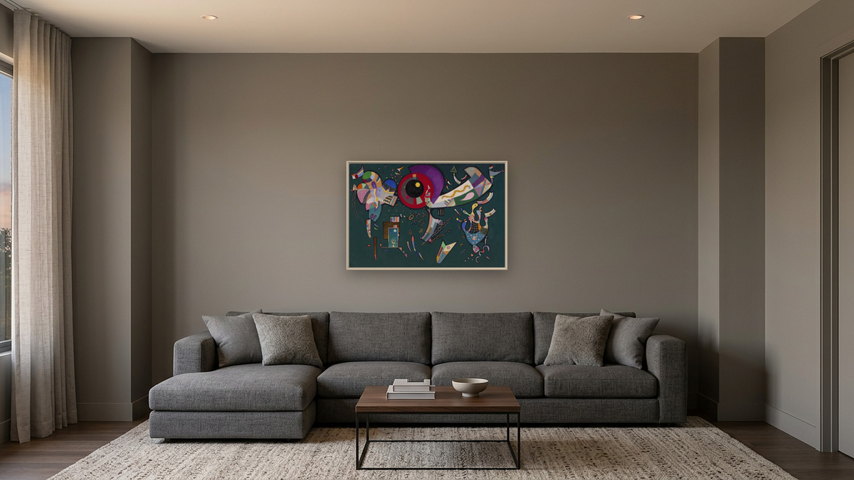 Around the Circle, shown at 28 × 42 in (71.1 × 106.7 cm) on canvas in Ramino Opaque White, media room