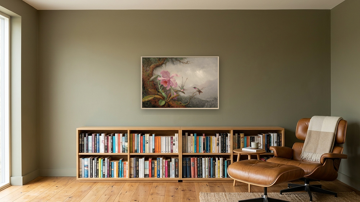 Hummingbirds and Orchids by Martin Johnson Heade, shown at 28 × 42 in (71.1 × 106.7 cm) on canvas in Ramino Opaque White, library