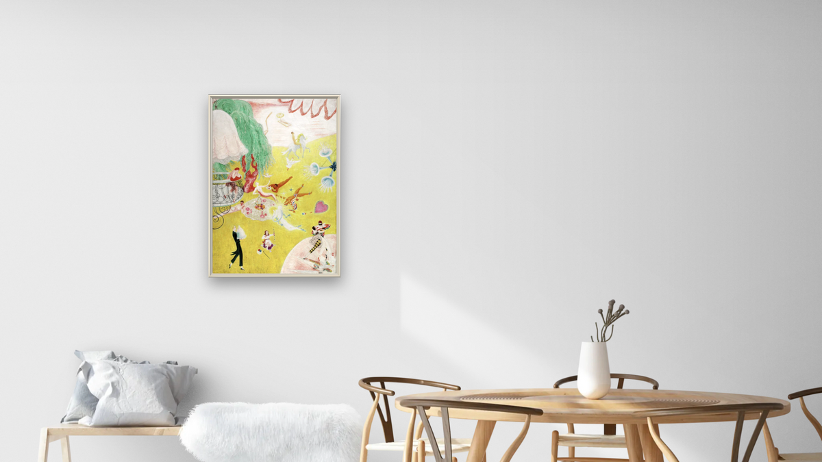 Love Flight of a Pink Candy Heart by Florine Stettheimer, shown at 20 × 30 in (50.8 × 76.2 cm) on canvas in Ramino Opaque White, dining