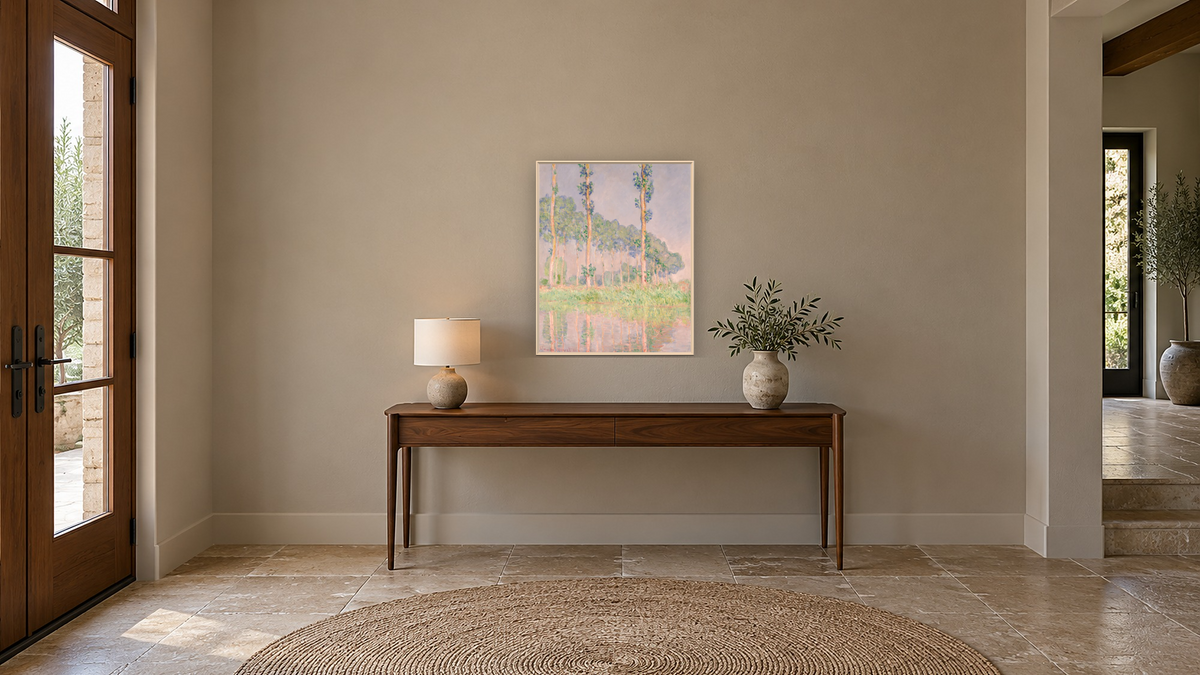 Poplars, Pink Effect by Claude Monet, shown at 32 × 40 in (81.3 × 101.6 cm) on canvas in Ramino Opaque White, hallway