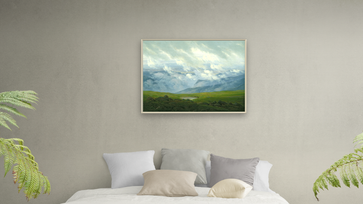 Drifting Clouds by Caspar David Friedrich, shown at 30 × 40 in (76.2 × 101.6 cm) on canvas in Ramino Opaque White, bedroom