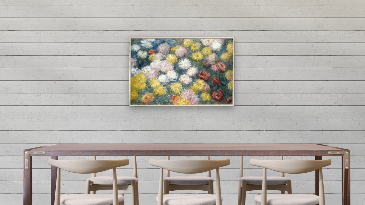 Chrysanthemums by Claude Monet, shown at 28 × 42 in (71.1 × 106.7 cm) on canvas in Ramino Opaque White, dining