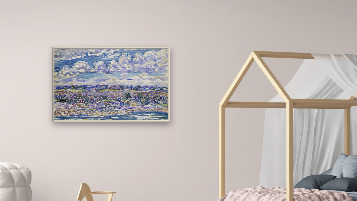 St. Malo by Maurice Brazil Prendergast, shown at 28 × 42 in (71.1 × 106.7 cm) on canvas in Ramino Opaque White, bedroom