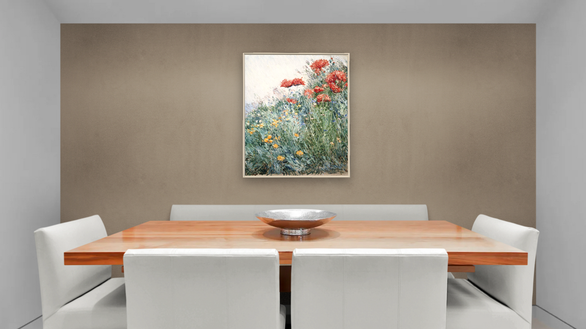 Poppies, Appledore by Childe Hassam, shown at 32 × 40 in (81.3 × 101.6 cm) on canvas in Ramino Opaque White, dining