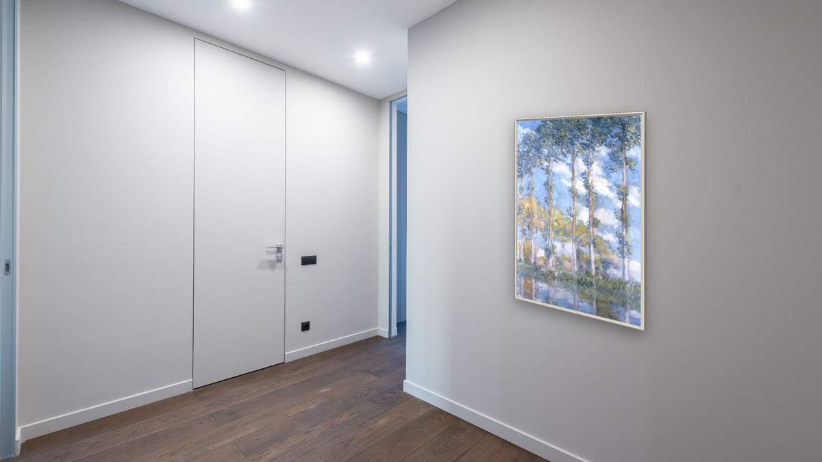 Poplars by Claude Monet, shown at 28 × 42 in (71.1 × 106.7 cm) on canvas in Ramino Opaque White, hallway