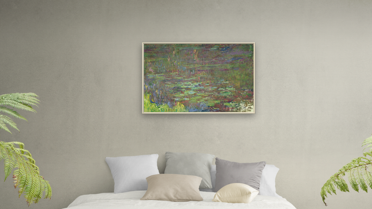 Waterlilies at Sunset (detail from the right hand side) by Claude Monet, shown at 28 × 42 in (71.1 × 106.7 cm) on canvas in Ramino Opaque White, bedroom