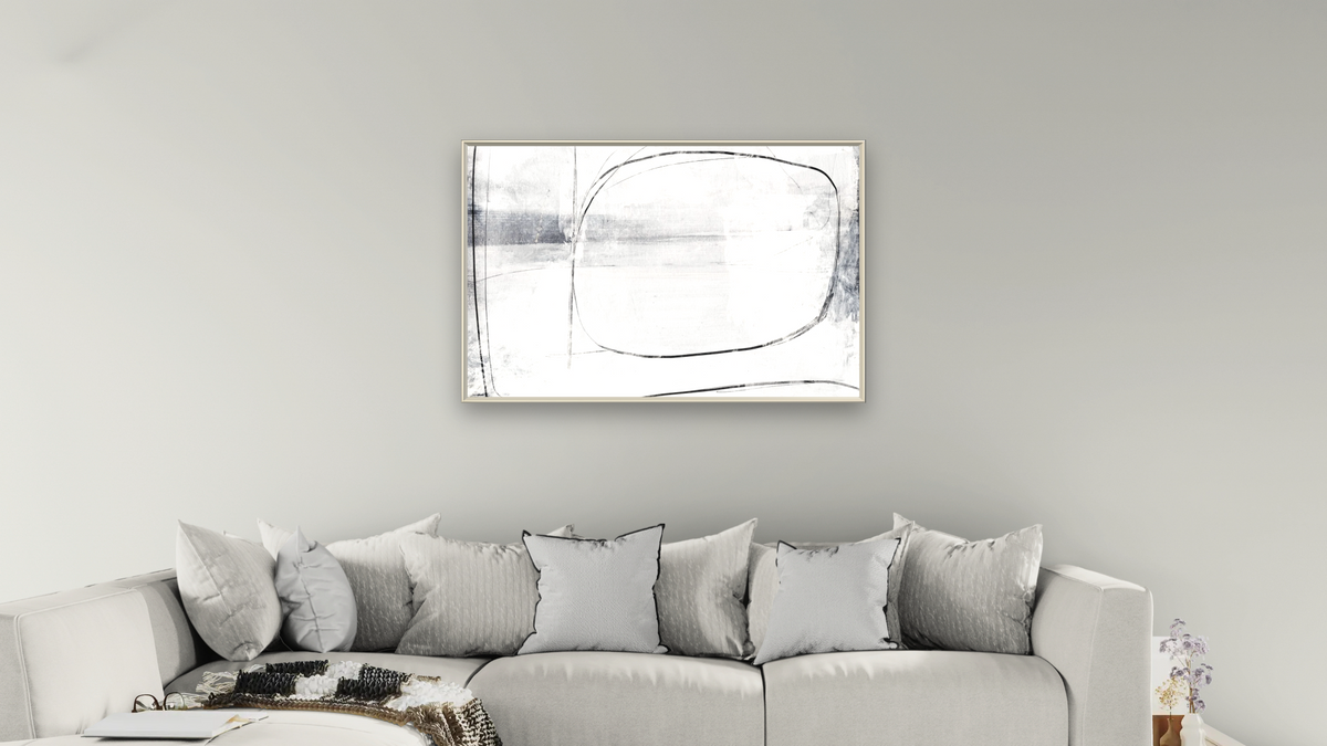 Mood by Dan Hobday, shown at 28 × 42 in (71.1 × 106.7 cm) on canvas in Ramino Opaque White, living