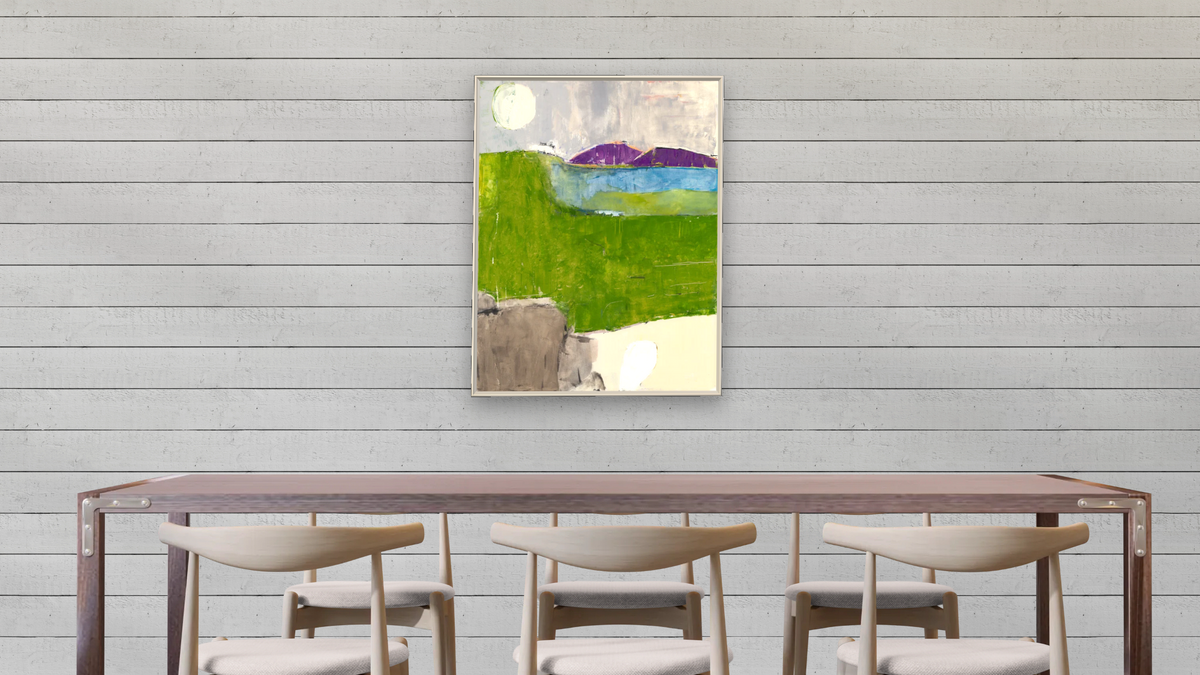 Mountain Lake by Louise Gaskill, shown at 30 × 40 in (76.2 × 101.6 cm) on canvas in Ramino Opaque White, dining