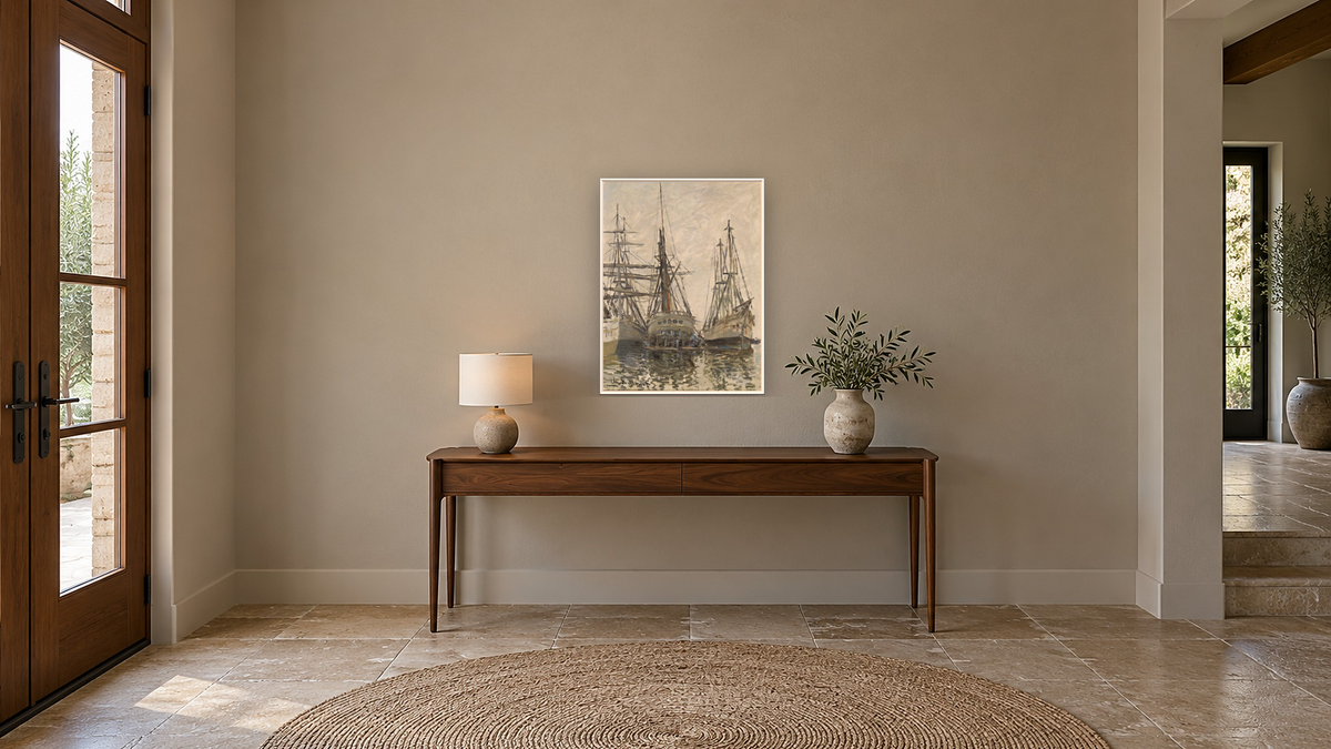 Boats in a Harbour by Claude Monet, shown at 30 × 40 in (76.2 × 101.6 cm) on canvas in Ramino Opaque White, hallway