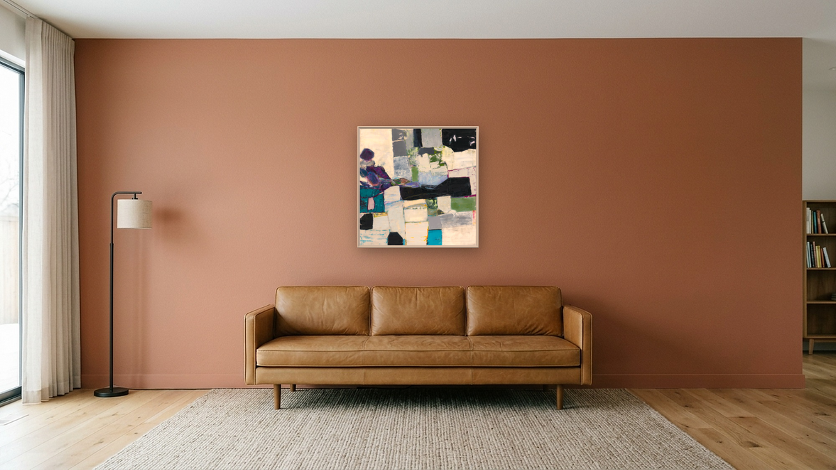Some Purple by Louise Gaskill, shown at 32 × 32 in (81.3 × 81.3 cm) on canvas in Ramino Opaque White, media room