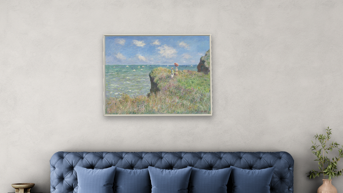 Cliff Walk at Pourville by Claude Monet, shown at 32 × 40 in (81.3 × 101.6 cm) on canvas in Ramino Opaque White, bedroom