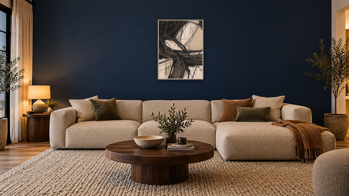 The Drummer Inside by Kelly O'Neal, shown at 30 × 40 in (76.2 × 101.6 cm) on canvas in Ramino Opaque White, media room