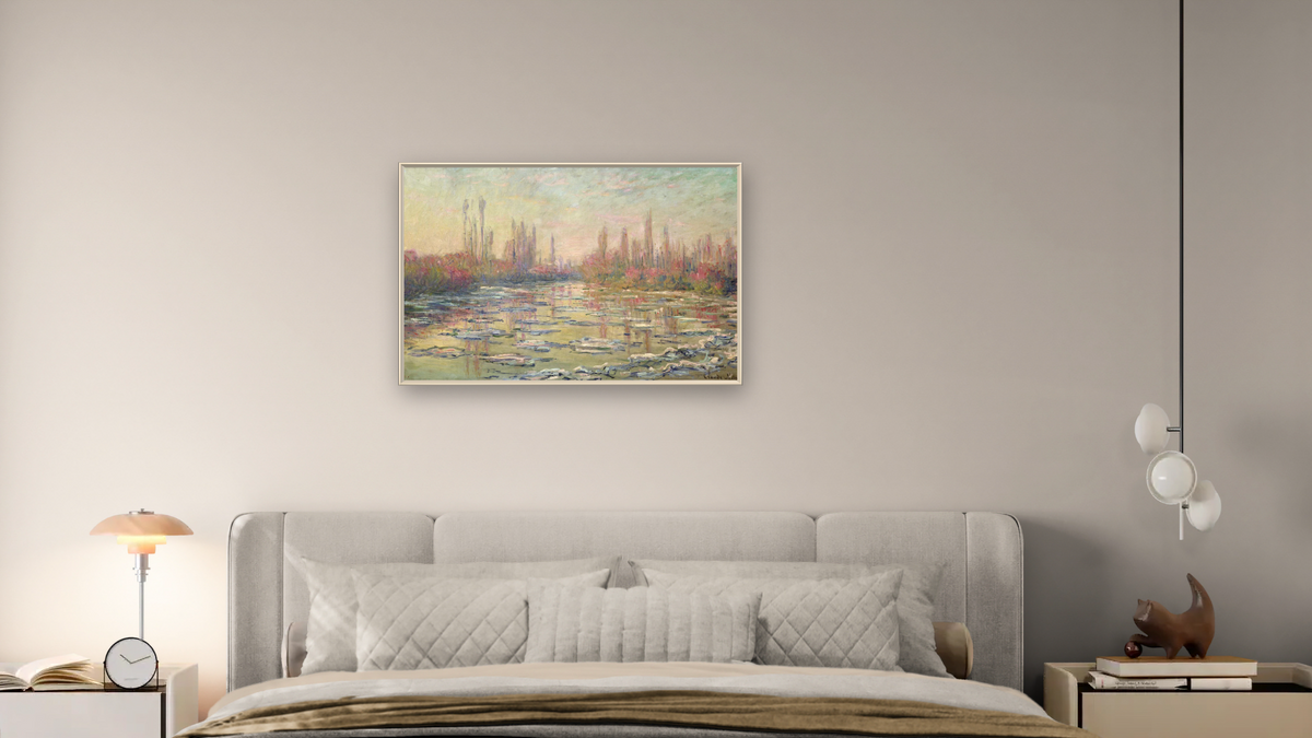 The Thaw on the Seine, near Vetheuil by Claude Monet, shown at 28 × 42 in (71.1 × 106.7 cm) on canvas in Ramino Opaque White, bedroom