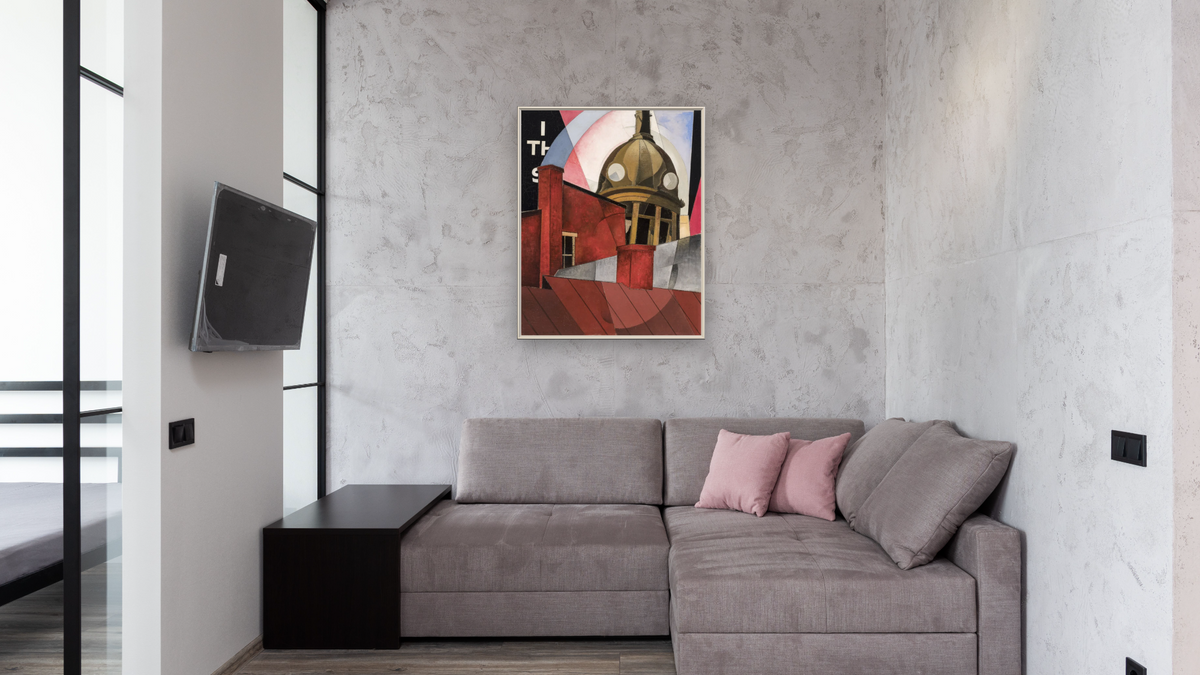 Welcome to Our City by Charles Demuth, shown at 32 × 40 in (81.3 × 101.6 cm) on canvas in Ramino Opaque White, media room