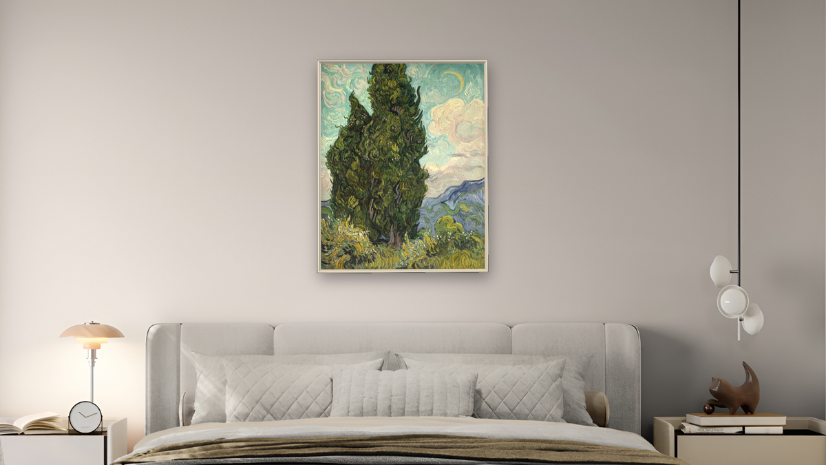 Cypresses by Vincent van Gogh, shown at 32 × 40 in (81.3 × 101.6 cm) on canvas in Ramino Opaque White, bedroom