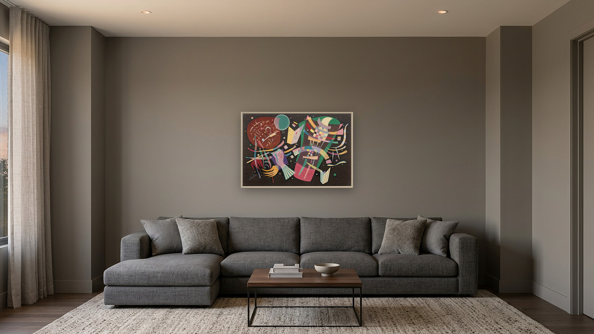 Composition X by Wassily Kandinsky, shown at 28 × 42 in (71.1 × 106.7 cm) on canvas in Ramino Opaque White, media room
