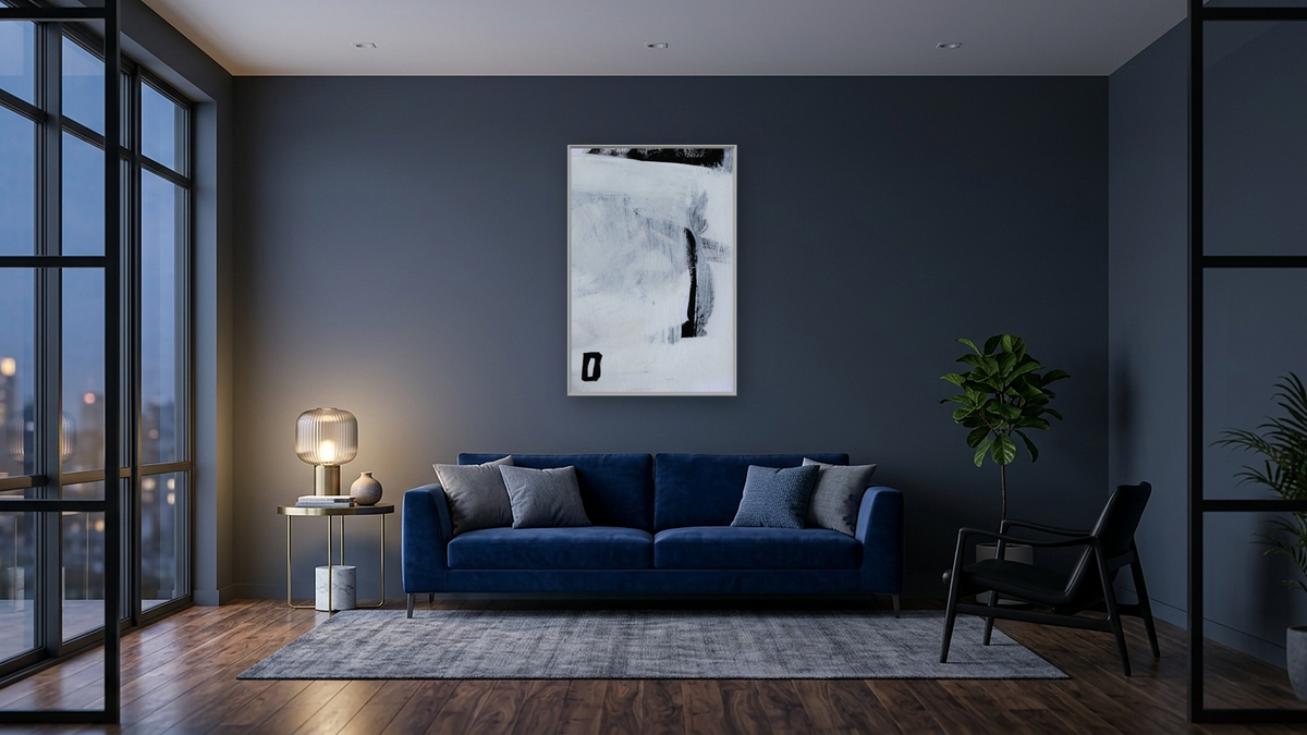 Decoy 2 by Dan Hobday, shown at 28 × 42 in (71.1 × 106.7 cm) on canvas in Ramino Opaque White, den