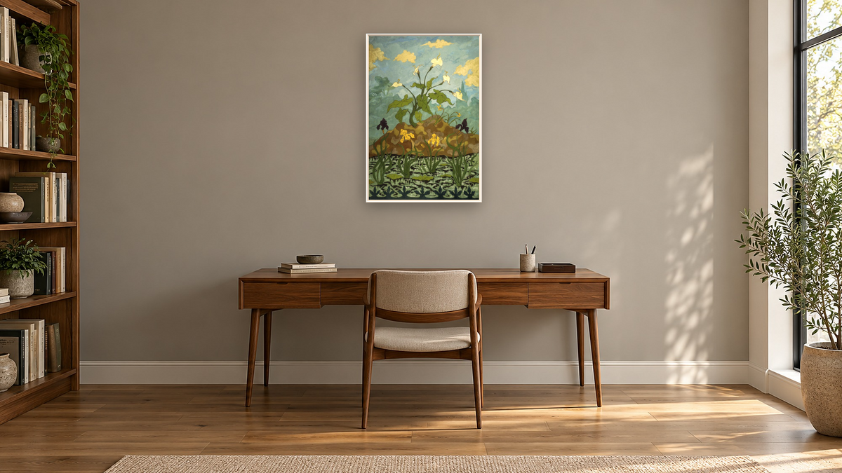 Lilies, Purple and Yellow Irises by Paul Elie Ranson, shown at 28 × 42 in (71.1 × 106.7 cm) on canvas in Ramino Opaque White, library
