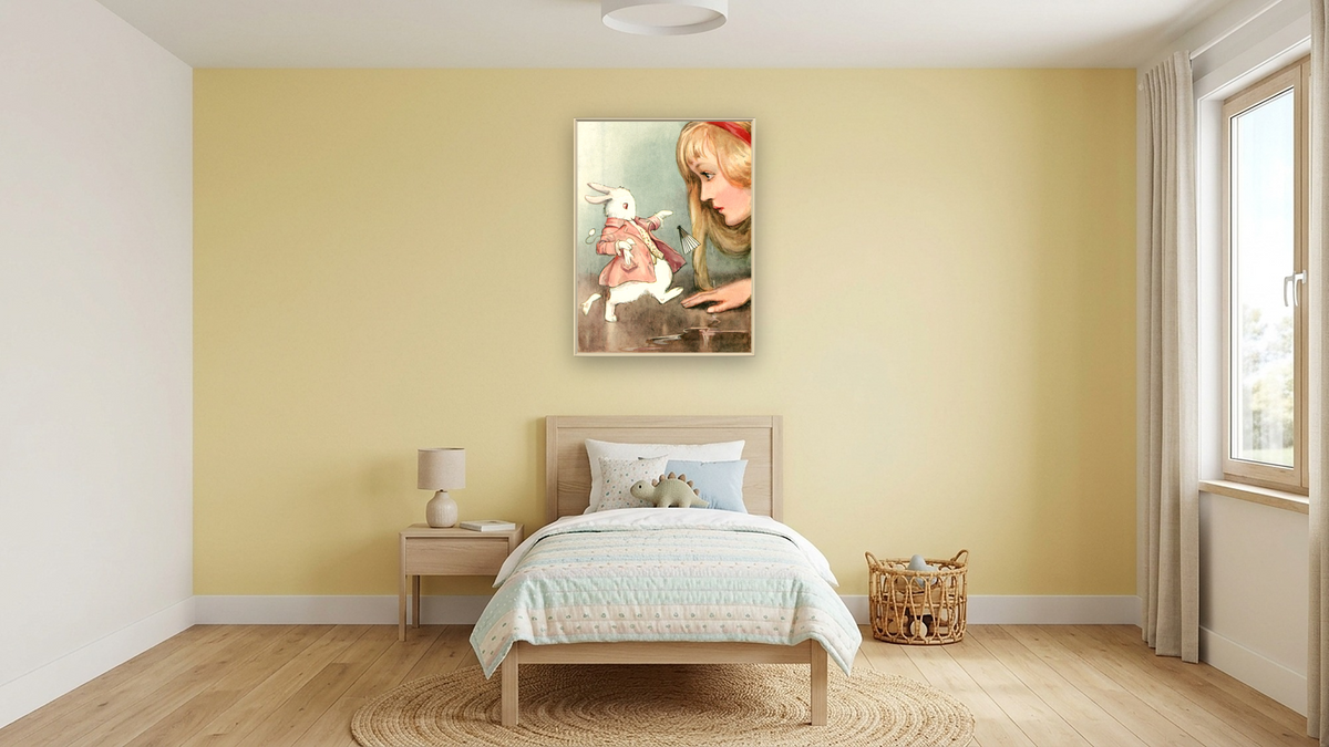 Alice in Wonderland: Alice and the White Rabbit by Margaret Winifred Tarrant, shown at 30 × 40 in (76.2 × 101.6 cm) on canvas in Ramino Opaque White, kids' room
