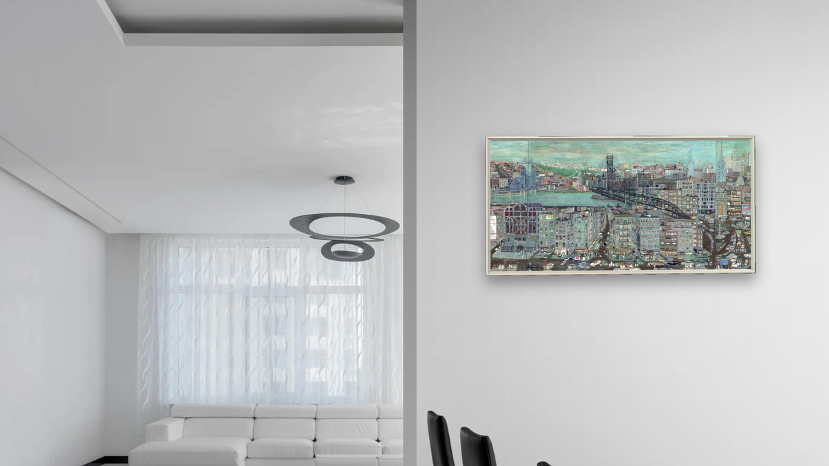 New York City by Ralph Fasanella, shown at 20 × 40 in (50.8 × 101.6 cm) on canvas in Ramino Opaque White, dining