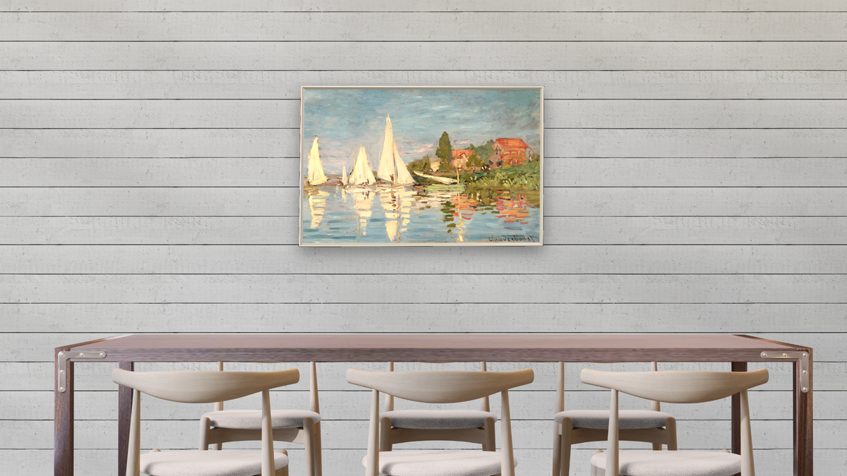 Regatta at Argenteuil by Claude Monet, shown at 28 × 42 in (71.1 × 106.7 cm) on canvas in Ramino Opaque White, dining