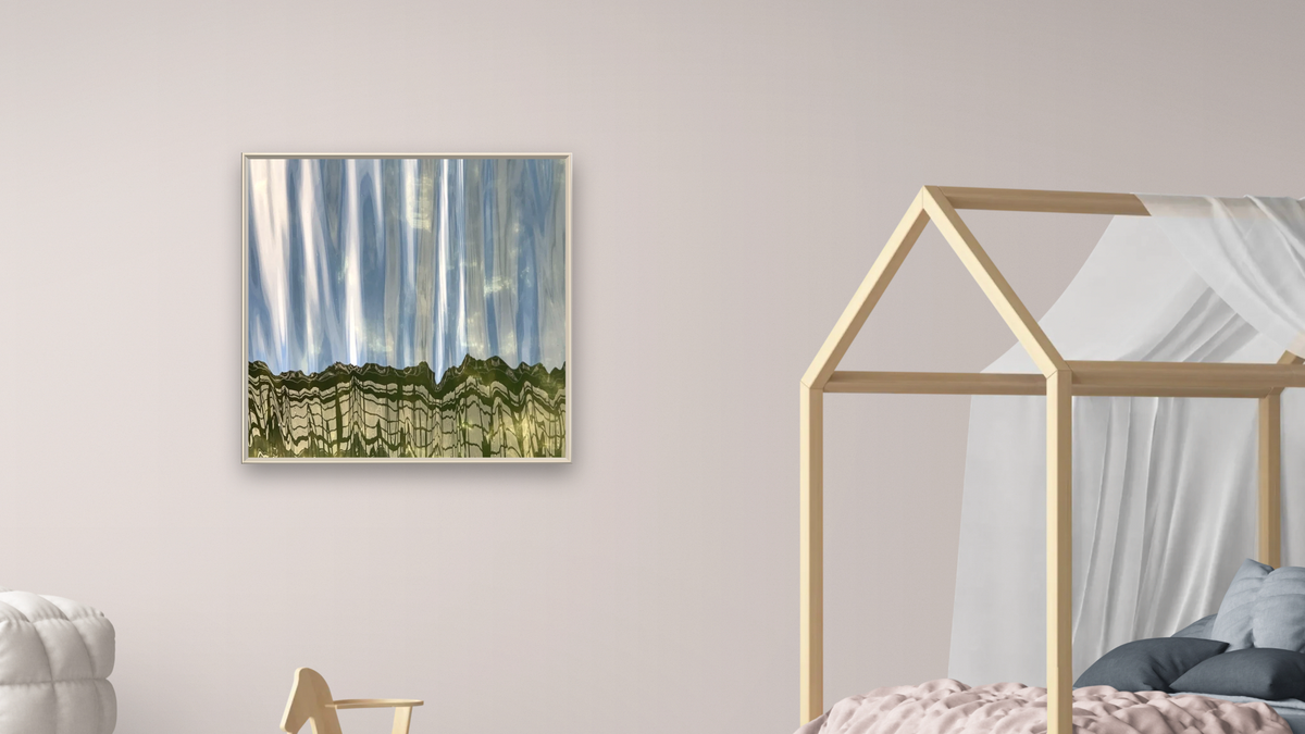 Blessing by Judith Rayl, shown at 32 × 32 in (81.3 × 81.3 cm) on canvas in Ramino Opaque White, bedroom