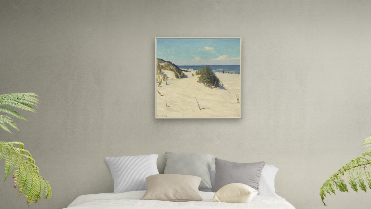 Across Sunny Sands by Frank V. Dudley, shown at 32 × 32 in (81.3 × 81.3 cm) on canvas in Ramino Opaque White, bedroom