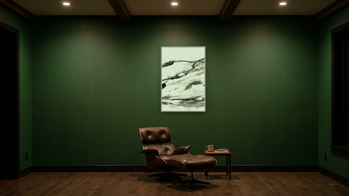 Bot 1 by Dan Hobday, shown at 28 × 42 in (71.1 × 106.7 cm) on canvas in Ramino Opaque White, den