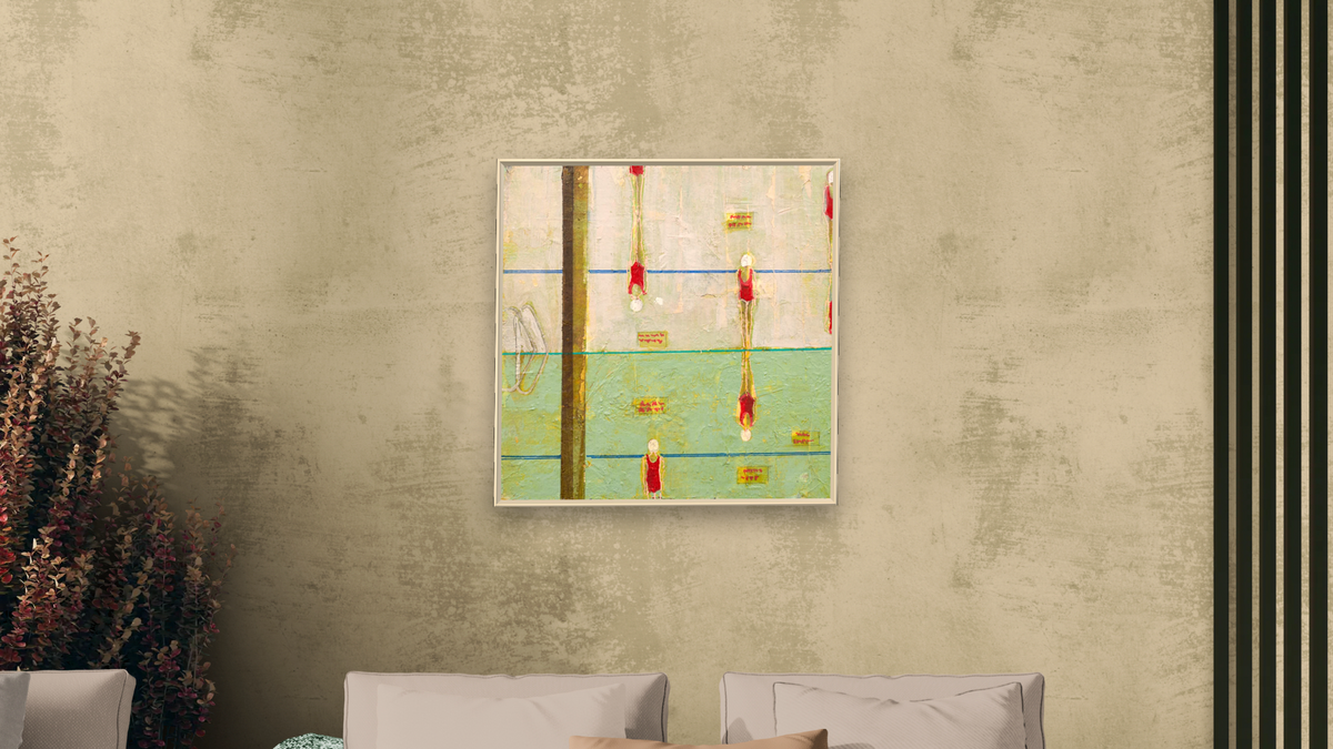 Viewing Back by Dobee Snowber, shown at 32 × 32 in (81.3 × 81.3 cm) on canvas in Ramino Opaque White, living