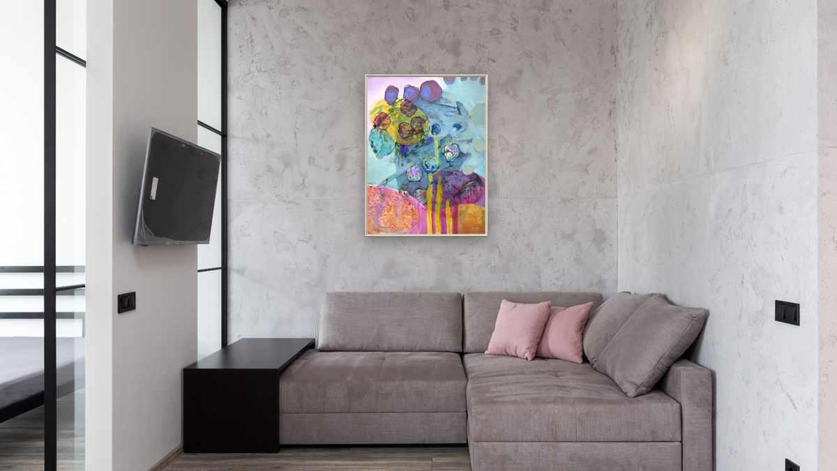 J's  Summer Garden by Diane Boone, shown at 30 × 40 in (76.2 × 101.6 cm) on canvas in Ramino Opaque White, media room