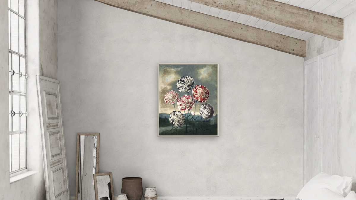 A Group of Carnations by Robert John Thornton, shown at 32 × 40 in (81.3 × 101.6 cm) on canvas in Ramino Opaque White, bedroom