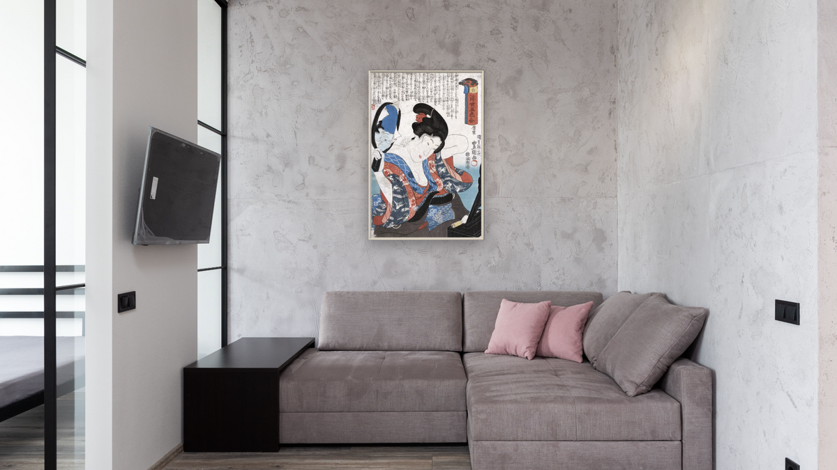 White by Utagawa Toyokuni, shown at 28 × 42 in (71.1 × 106.7 cm) on canvas in Ramino Opaque White, media room