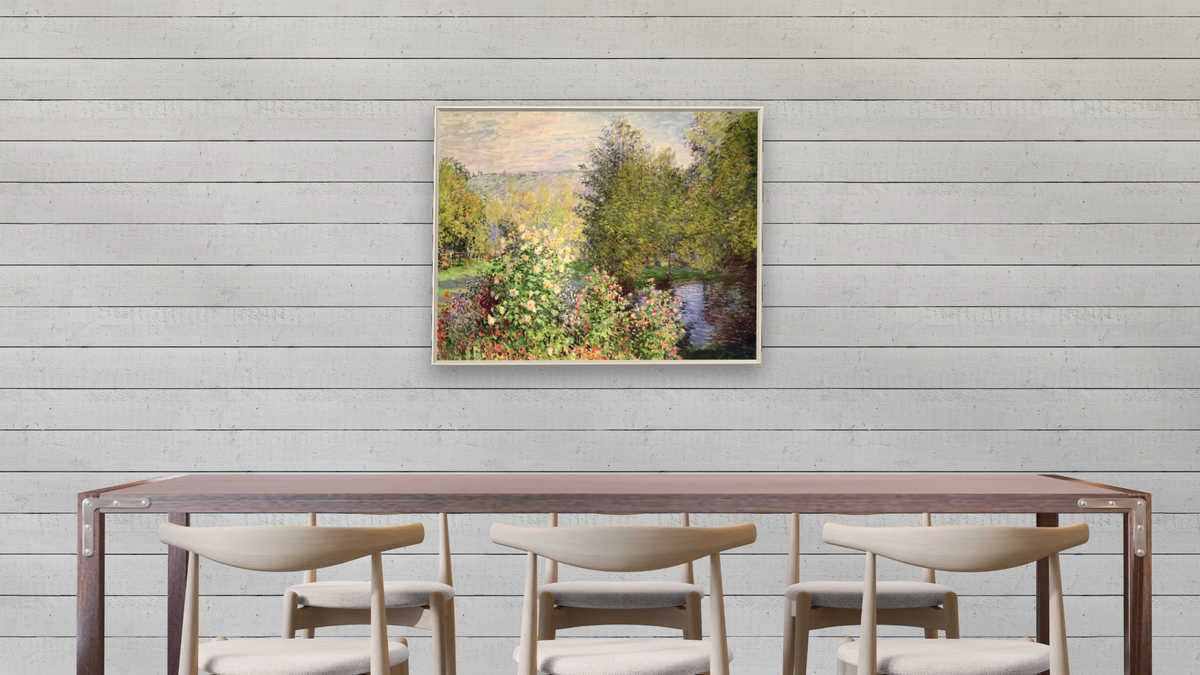 A Corner of the Garden at Montgeron by Claude Monet, shown at 32 × 40 in (81.3 × 101.6 cm) on canvas in Ramino Opaque White, dining
