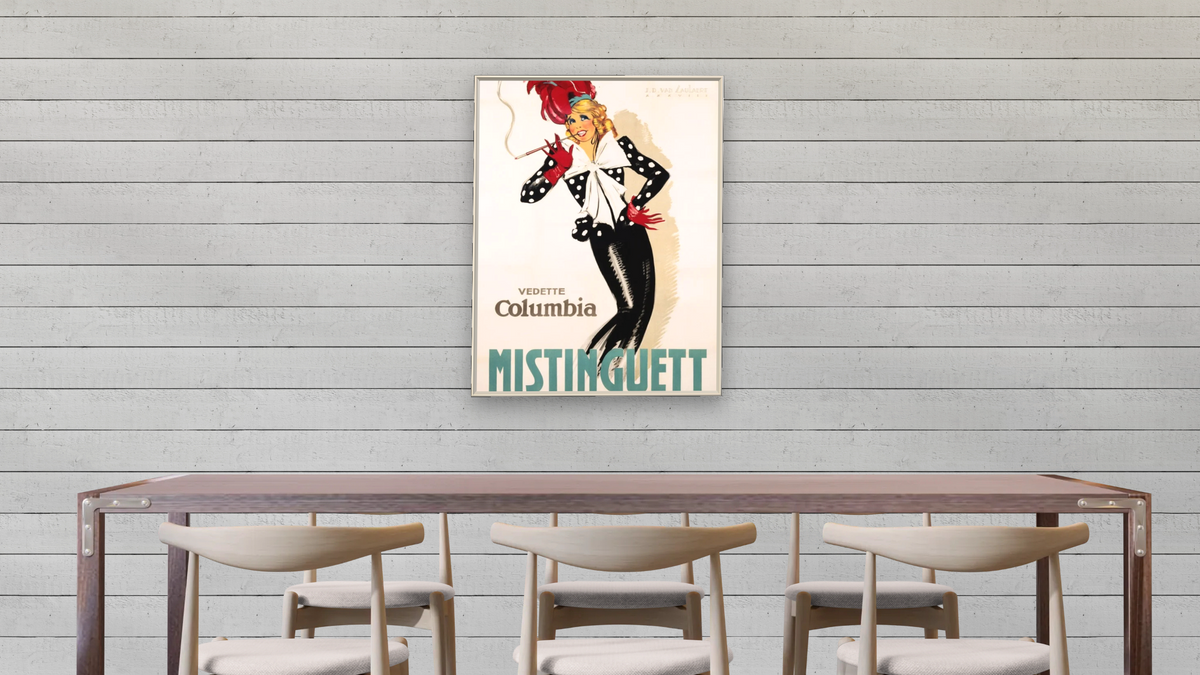 Vedette Columbia Mistinguett Poster by Jean Dominique van Caulaert, shown at 30 × 40 in (76.2 × 101.6 cm) on canvas in Ramino Opaque White, dining