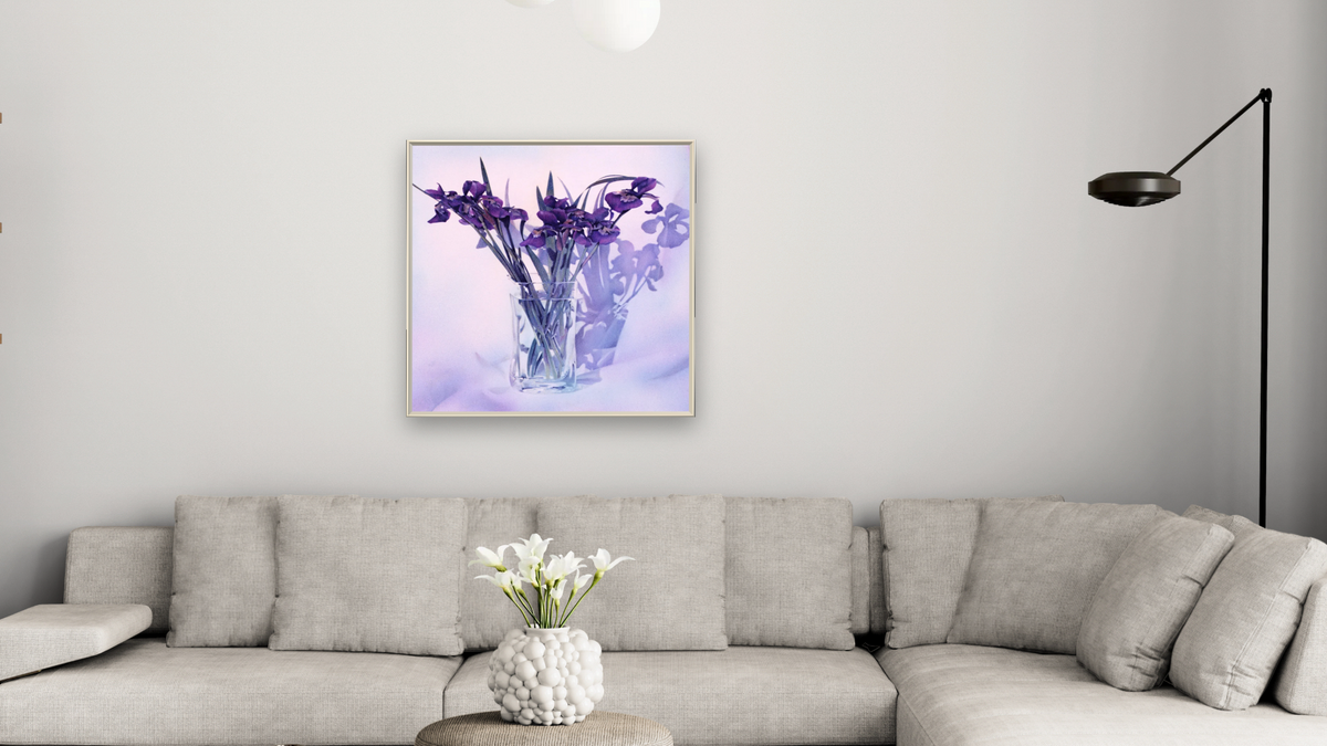 Vased Irises by Kirsten Söderlind, shown at 32 × 32 in (81.3 × 81.3 cm) on canvas in Ramino Opaque White, living