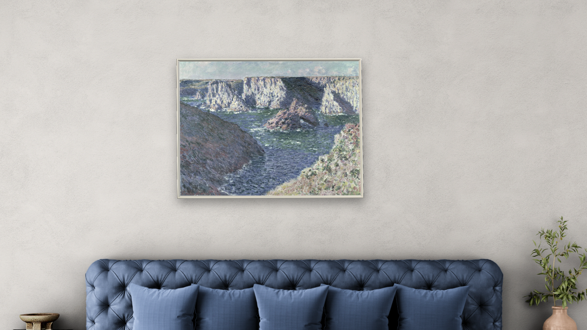 The Rocks of Belle Ile by Claude Monet, shown at 32 × 40 in (81.3 × 101.6 cm) on canvas in Ramino Opaque White, bedroom