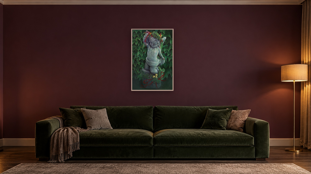 Cherub by Kirsten Söderlind, shown at 28 × 42 in (71.1 × 106.7 cm) on canvas in Ramino Opaque White, den