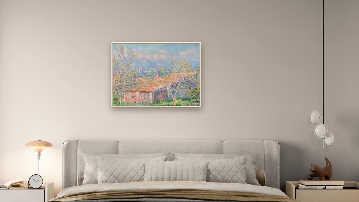 Gardener's House at Antibes by Claude Monet, shown at 30 × 40 in (76.2 × 101.6 cm) on canvas in Ramino Opaque White, bedroom
