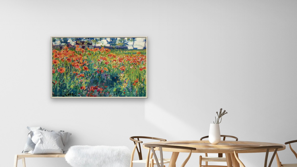 Poppies in France by Robert William Vonnoh, shown at 28 × 42 in (71.1 × 106.7 cm) on canvas in Ramino Opaque White, dining