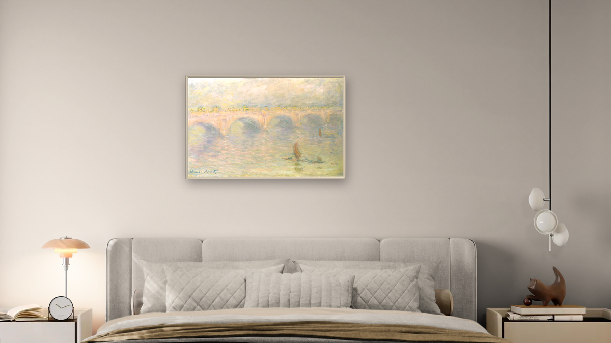 Waterloo Bridge (Light Effects) by Claude Monet, shown at 28 × 42 in (71.1 × 106.7 cm) on canvas in Ramino Opaque White, bedroom