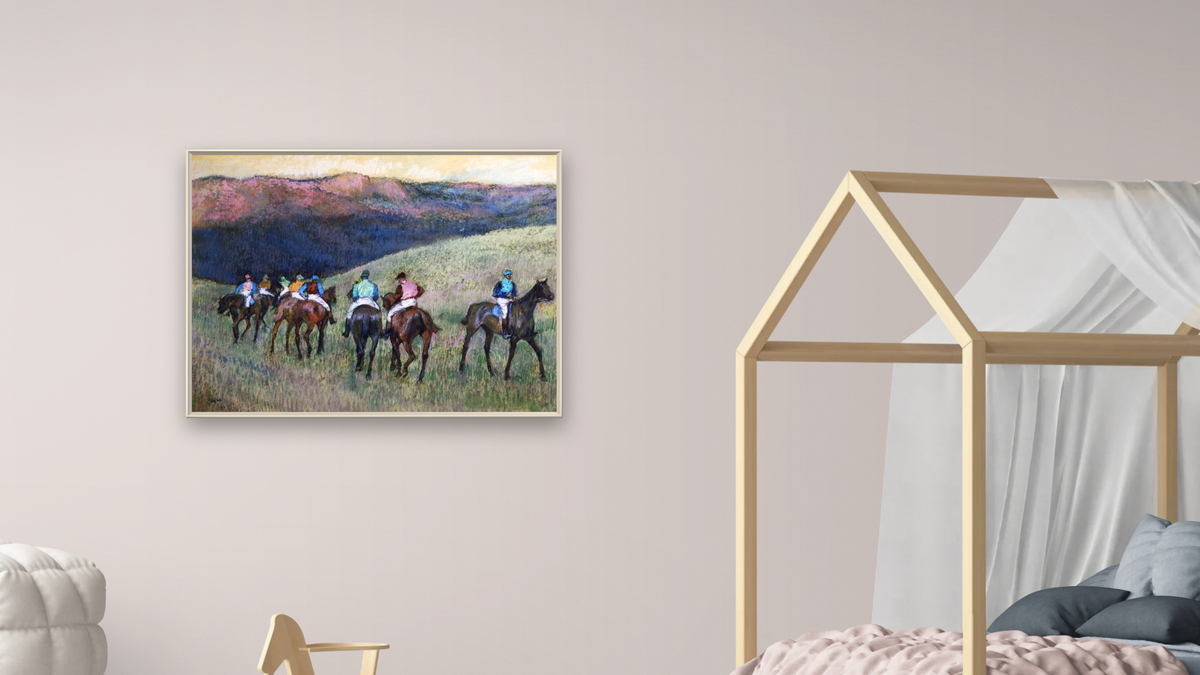 Racehorses in a Landscape by Edgar Degas, shown at 30 × 40 in (76.2 × 101.6 cm) on canvas in Ramino Opaque White, bedroom