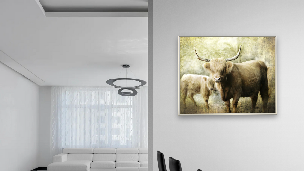 The Protector by Brandon Luther, shown at 32 × 40 in (81.3 × 101.6 cm) on canvas in Ramino Opaque White, dining