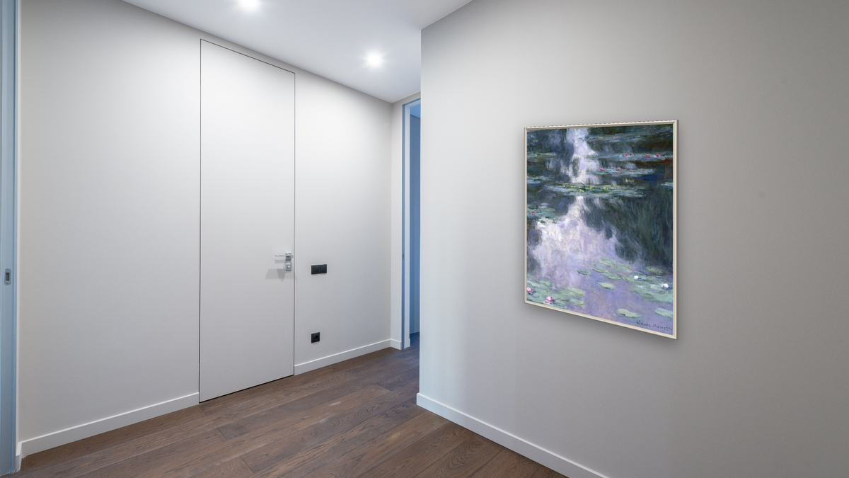 Water Lilies (Nympheas) by Claude Monet, shown at 32 × 40 in (81.3 × 101.6 cm) on canvas in Ramino Opaque White, hallway